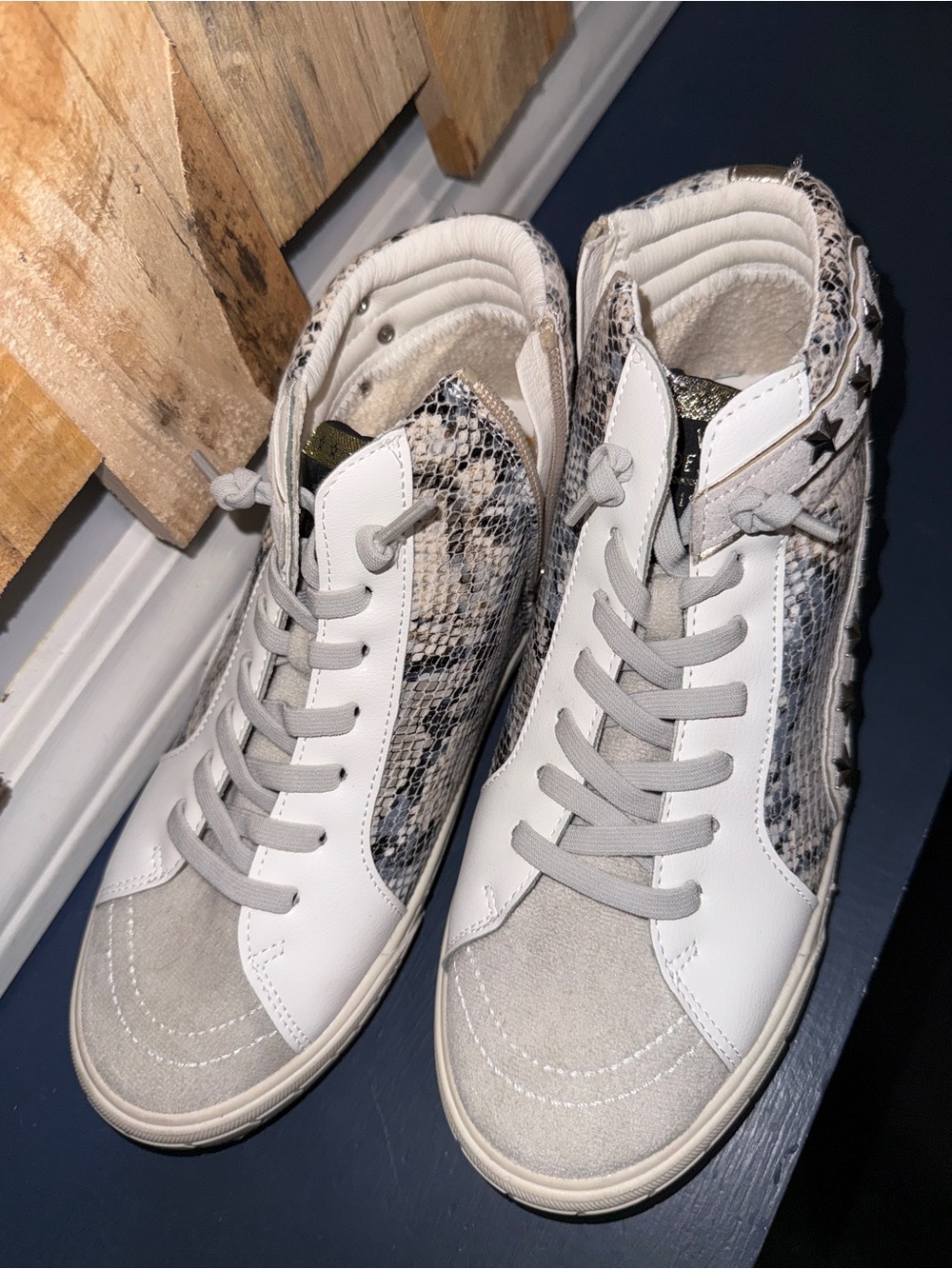 Vintage Havana White, Gray & Snake-Print High-Top Sneakers with Star Studs - Picture 7 of 9